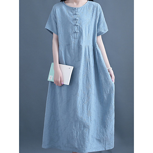 

Women's Shift Dress Maxi long Dress Blushing Pink Light Blue Short Sleeve Solid Color Patchwork Fall Summer Round Neck Elegant Casual 2021 M L XL