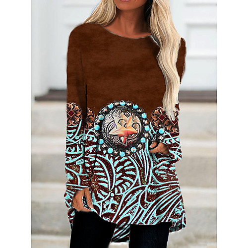

Women's T Shirt Dress Tee Dress Short Mini Dress Brown Long Sleeve Color Block Geometric Print Fall Spring Round Neck Casual 3D Print S M L XL XXL 3XL