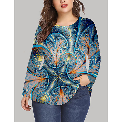 

Women's Plus Size Print Graphic Floral T shirt Large Size Crewneck Long Sleeve Tops XL XXL 3XL Blue Big Size