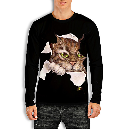 

Men's Tees T shirt 3D Print Cat Graphic Prints Animal Print Long Sleeve Daily Tops Basic Casual Black