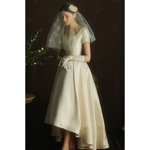 

A-Line Wedding Dresses Scoop Neck Asymmetrical Satin Short Sleeve Simple Vintage Little White Dress 1950s Elegant with 2021