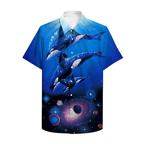 

Men's Shirt 3D Print Graphic Prints Shark Animal Button-Down Print Short Sleeve Daily Tops Casual Designer Big and Tall Blue