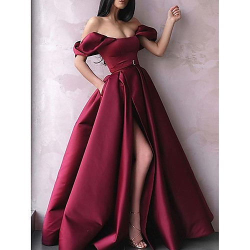 

A-Line Vintage Sexy Wedding Guest Prom Dress Off Shoulder Short Sleeve Floor Length Satin with Pleats Split 2021