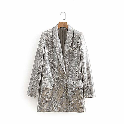 

long sleeve sequined blazer vintage double breasted blazer casual pockets outwears, l