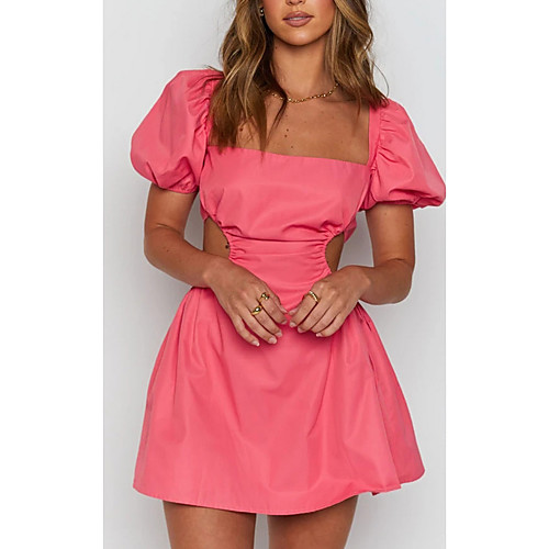 

Women's A Line Dress Short Mini Dress Pink Short Sleeve Solid Color Summer Square Neck Elegant 2021 S M L XL