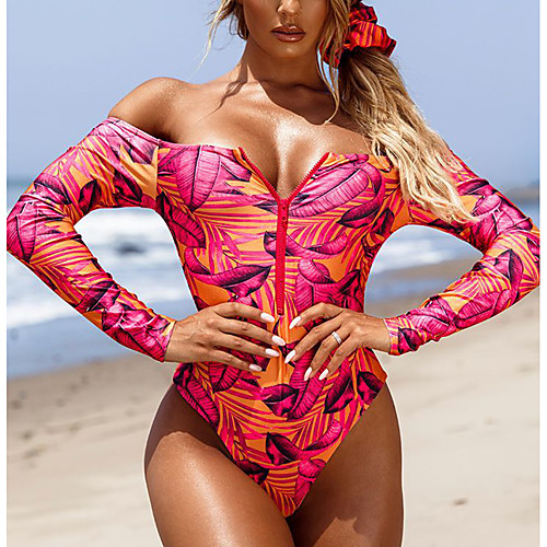 

Women's One Piece Rash Guard Swimsuit Zipper Print Tropical Leaf Blushing Pink Swimwear Bodysuit Off Shoulder Bathing Suits New Colorful Sexy