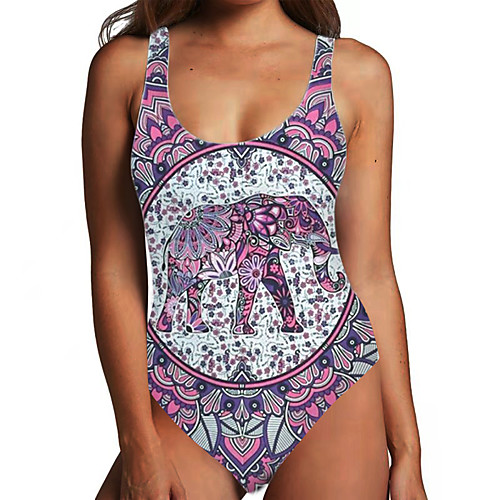 

Women's One Piece Monokini Swimsuit Tummy Control Print Tribal Floral Blue Swimwear Bodysuit Strap Bathing Suits New Ethnic Fashion / Animal