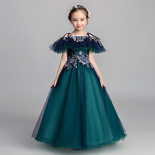 

Princess / Ball Gown Floor Length Formal Evening / Pageant Flower Girl Dresses - Tulle Short Sleeve Spaghetti Strap / Off Shoulder with Embroidery / Appliques / Solid