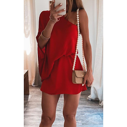 

Women's Shift Dress Short Mini Dress Black Red Half Sleeve Solid Color Summer One Shoulder Work Casual 2021 S M L XL