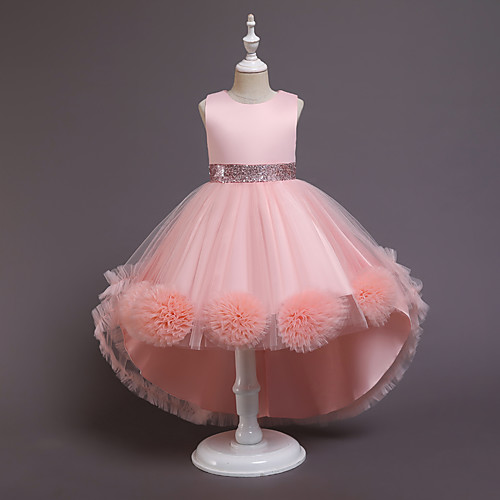 

Ball Gown Asymmetrical / Knee Length Wedding / Event / Party Flower Girl Dresses - Tulle / Polyester Sleeveless Jewel Neck with Bow(s) / Bandage / Solid