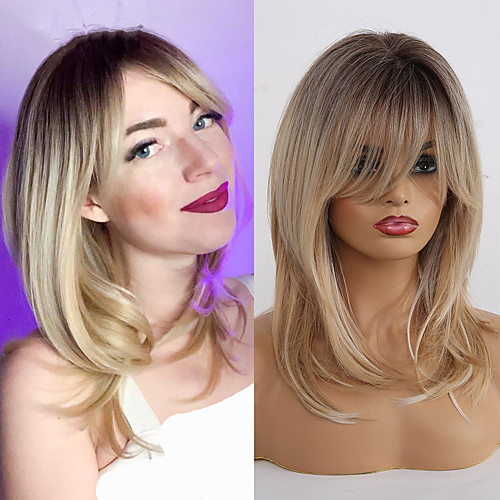 

Synthetic Wigs for Women Ombre Brown Blonde Wigs with Bangs Layered Cosplay Wigs Heat Resistant Medium Length Wig