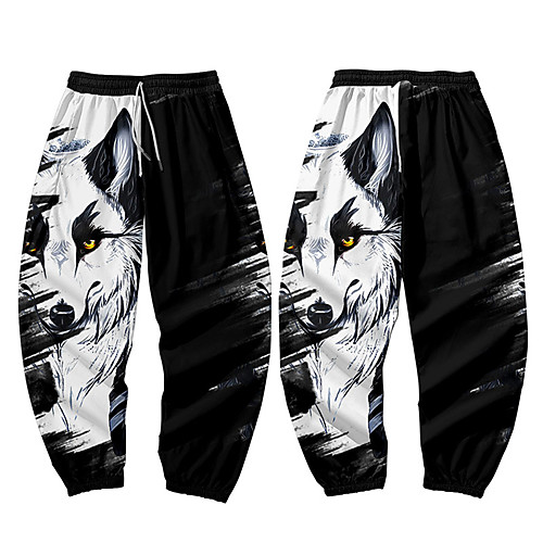 

Men's Casual / Sporty Athleisure Daily Sports Jogger Pants Sweatpants Pants Wolf Full Length Elastic Waist 3D Print Black / White