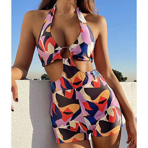 

Women's One Piece Monokini Swimsuit Open Back Slim Solid Color Color Block Black Orange Swimwear Padded Crop Top Strap Bathing Suits New Fashion Sexy