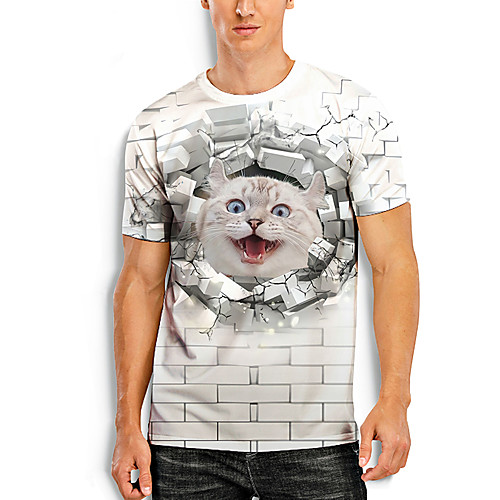 

Men's Tees T shirt 3D Print Cat Graphic Prints Animal Print Short Sleeve Daily Tops Basic Casual White