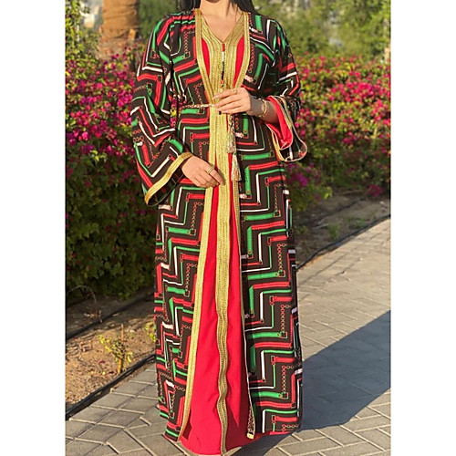 

Women's Kaftan Dress Maxi long Dress Red Long Sleeve Print Solid Color Patchwork Summer V Neck Casual 2021 S M L XL