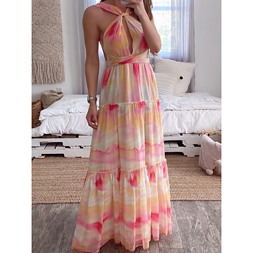

Women's Swing Dress Maxi long Dress Photo Color Sleeveless Rainbow Print Fall Summer Halter Neck Elegant Casual 2021 S M L XL 2XL