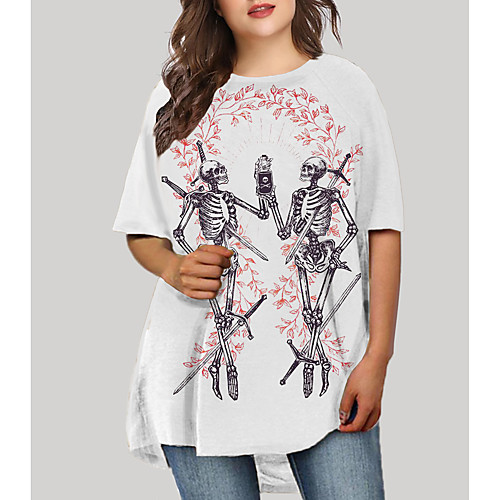 

Women's Plus Size Graphic Skull Print Basic Half Sleeve Fall Short Mini Dress T Shirt Dress Tee Dress White