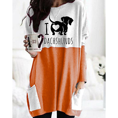 

Women's T shirt Dog Graphic Animal Long Sleeve Pocket Round Neck Tops Basic Basic Top Black Orange Khaki