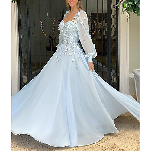 

A-Line Elegant Floral Engagement Prom Dress Scoop Neck Long Sleeve Floor Length Chiffon with Appliques 2021