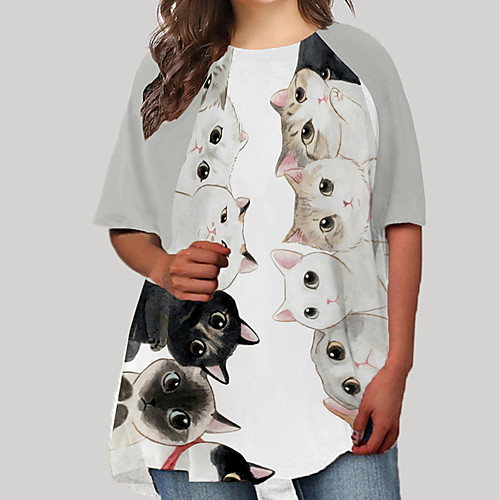 

Women's Plus Size Dresses T Shirt Dress Tee Dress Short Mini Dress Half Sleeve Cat Graphic Animal Print Basic Spring & Summer White Khaki XL XXL 3XL 4XL 5XL / Going out