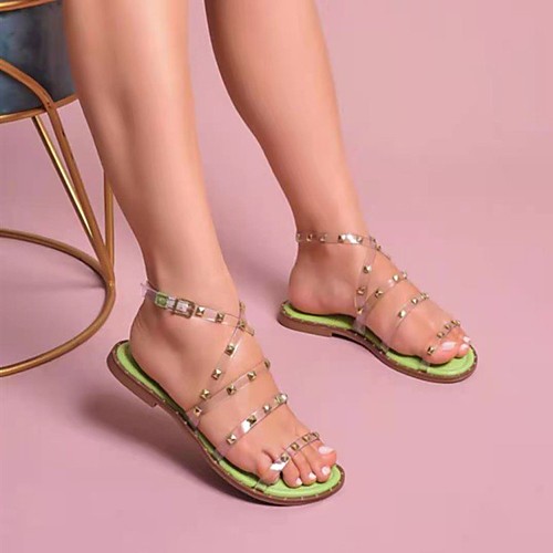 

Women's Sandals Boho Bohemia Beach Flat Heel Round Toe PU Color Block Black Pink Green