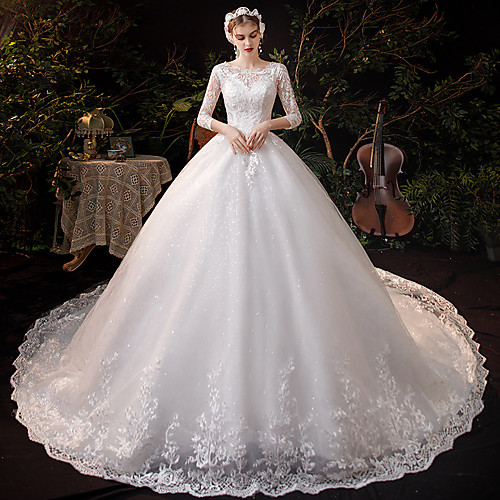 

Princess Ball Gown Wedding Dresses Jewel Neck Court Train Lace Tulle Half Sleeve Formal Romantic with Appliques 2021