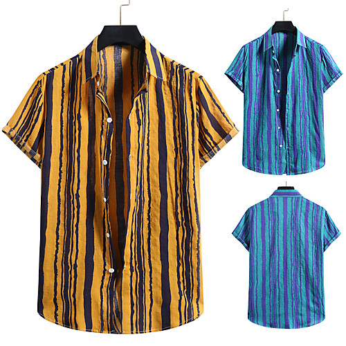 

Men's Shirt Other Prints Striped Print Short Sleeve Casual Tops Beach Hawaiian Blue Yellow