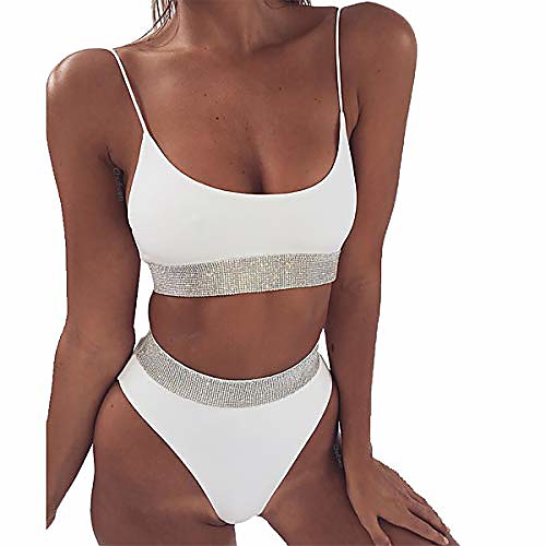 

hot drilling bikini top strap bathing suit bottom cheeky two piece swimsuits for women (white, m)