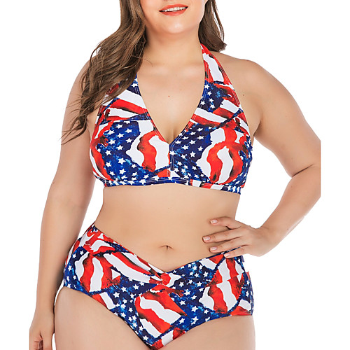 

Women's Plus Size Padded Fashion Sexy Bikini 2 Piece Swimsuit Tummy Control Push Up Color Block Strap Swimwear Bathing Suits Blue / Abstract