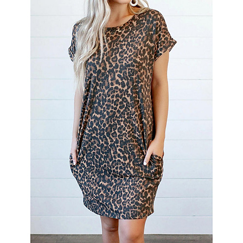 

Women's T Shirt Dress Tee Dress Knee Length Dress Brown Short Sleeve Print Backless Pocket Patchwork Fall Summer Round Neck Elegant Casual Cotton 2021 S M L XL