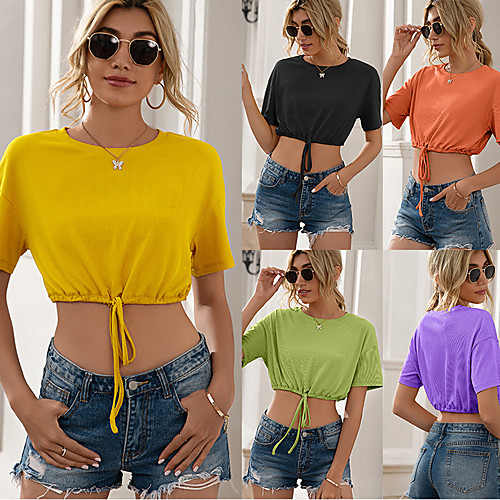 

Women's Crop Top Tee / T-shirt Crop Top Crew Neck Solid Color Sport Athleisure T Shirt Top Short Sleeves Breathable Soft Comfortable Everyday Use Street Casual Daily Outdoor