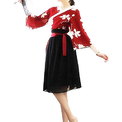 

women's chinese traditional hanfu clothing retro chiffon dress red flower kimono coplay jacket knee length skirt (red black)