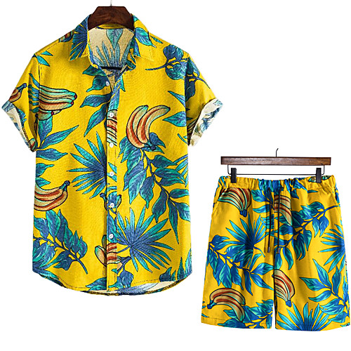 

Men's Shirt Other Prints Fruit Animal 2pcs Print Short Sleeve Vacation Tops Beach Boho Yellow