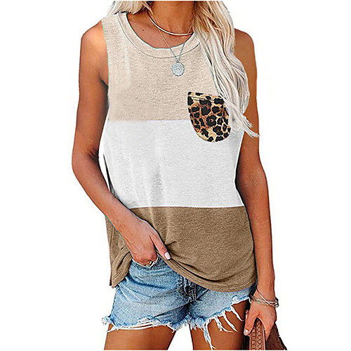 

2021 european and american cross-border foreign trade women's clothing amazon new loose casual color matching leopard print pocket vest t-shirt women