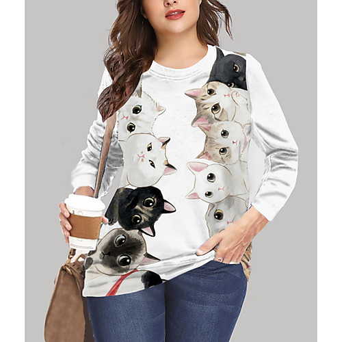 

Women's Plus Size Print Cat Graphic Animal T shirt Large Size Crewneck Long Sleeve Tops XL XXL 3XL White Beige Big Size