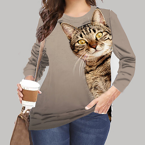 

Women's Plus Size Print Cat Graphic Animal T shirt Large Size Crewneck Long Sleeve Tops XL XXL 3XL khaki Brown Big Size
