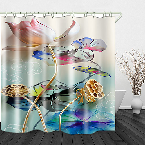 

Beautiful Lotus Print Waterproof Fabric Shower Curtain for Bathroom Home Decor Covered Bathtub Curtains Liner Includes with Hooks