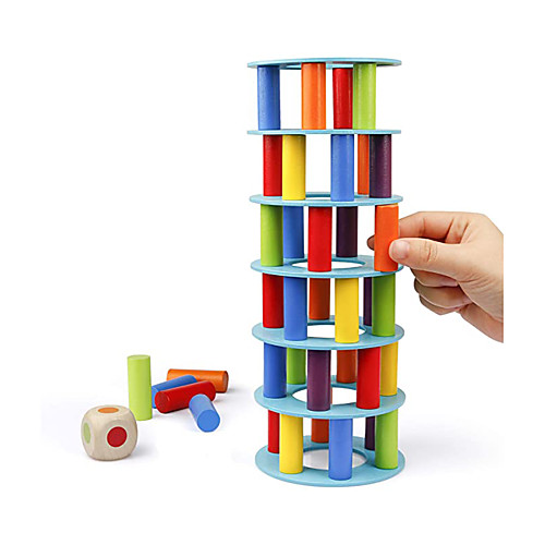 

Wooden Tower Stacking Game Fine Motor Skill Building Blocks with Dice Toppling Leaning Tower Toy Montessori Family Party Games for Kids and Adults