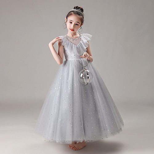 

Princess / Ball Gown Crew Neck Floor Length Tulle Junior Bridesmaid Dress with Pleats / Ruffles / Appliques