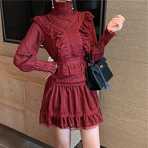 

A-Line Elegant Vintage Holiday Cocktail Party Dress High Neck Long Sleeve Short / Mini Chiffon with Pleats Ruffles 2021