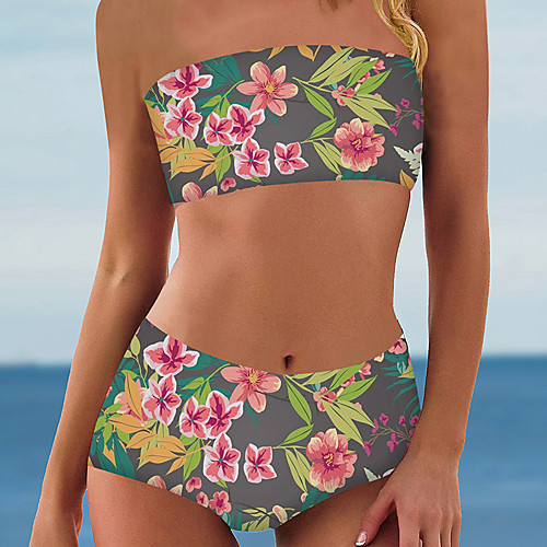 

Women's Bikini 2 Piece Swimsuit Print Floral Blushing Pink Rainbow Swimwear Bandeau Strapless Bathing Suits New Vacation Fashion