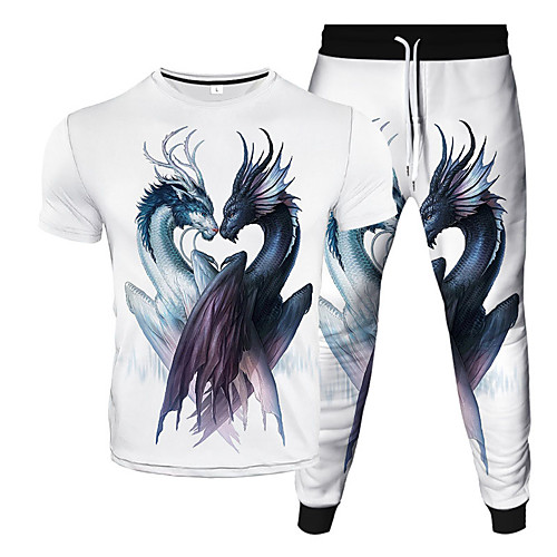 

Women's Men's 2 Piece Tracksuit Sweatsuit Street Casual 2pcs Summer Short Sleeve Moisture Wicking Breathable Soft Gym Workout Running Jogging Training Exercise Sportswear Dragon Normal White Yellow