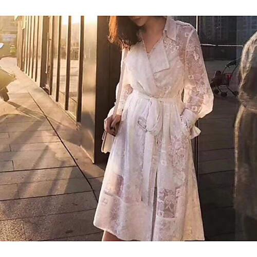 

A-Line Elegant Floral Party Wear Cocktail Party Dress Shirt Collar Long Sleeve Knee Length Lace with Sash / Ribbon Pleats 2021