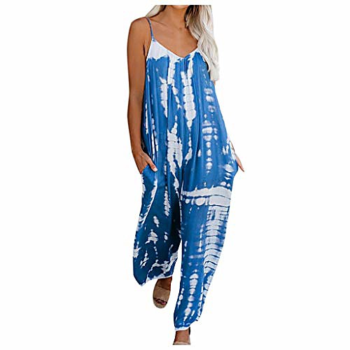 

women tie-dye jumpsuits casual strappy sleeveless loose wide leg pants harem rompers pocket outfit playsuit blue