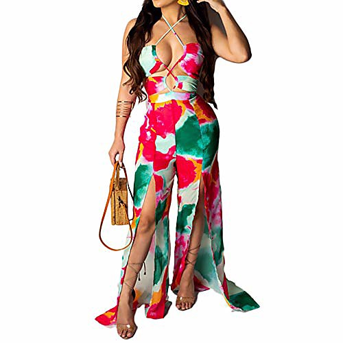 

womens wide leg jumpsuits - floral print spaghetti strap halter v neck lace up high waisted split wide leg jumpsuits romper rose red m