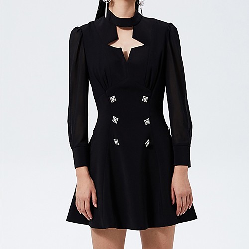 

A-Line Little Black Dress Vintage Homecoming Cocktail Party Dress Jewel Neck Long Sleeve Short / Mini Stretch Fabric with Buttons 2021