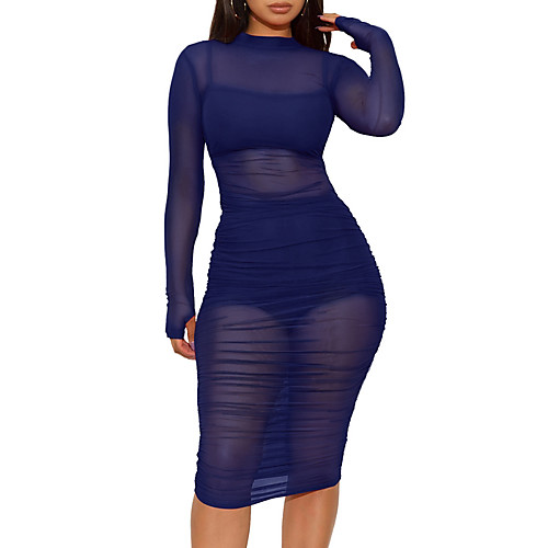

Women's Sheath Dress Knee Length Dress White Black Blue Wine Orange Green Royal Blue Long Sleeve Solid Color Hollow To Waist Summer Round Neck Sexy 2021 S M L XL