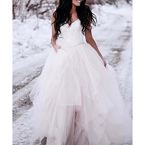 

A-Line Wedding Dresses Spaghetti Strap Sweep / Brush Train Lace Tulle Sleeveless Country Romantic with Pleats Appliques 2021