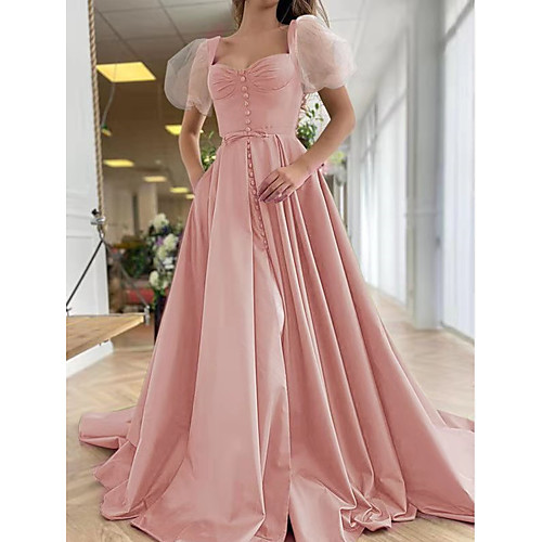 

A-Line Elegant Vintage Engagement Prom Dress Scoop Neck Short Sleeve Sweep / Brush Train Satin with Pleats Split 2021