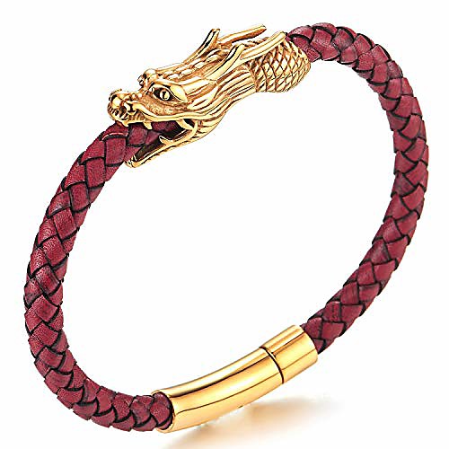 

Stainless Steel Gold Dragon Head Braided Red Leather Bangle Bracelet Wristband, Mens